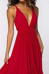 Red Wedding Guest Dress Deep V-Neck Pleated Ruffled Long Chiffon Formal Dress